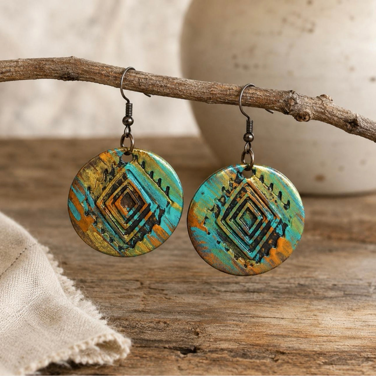 Hand Painted Retro Earrings, Patina Dangle Earrings