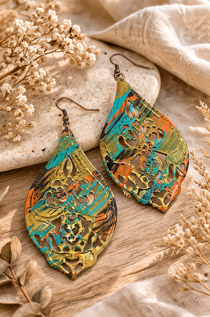 Hand Painted Filigree Dangle Earrings, Boho Artisan Drop Earrings, Multicolor Statement Earrings, Gift for Her