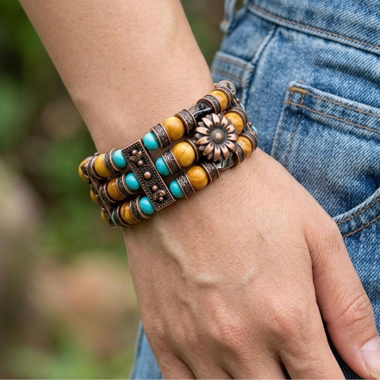 Picture Jasper, Hematite Bracelet | Beaded Cuff Bracelet for Men Women