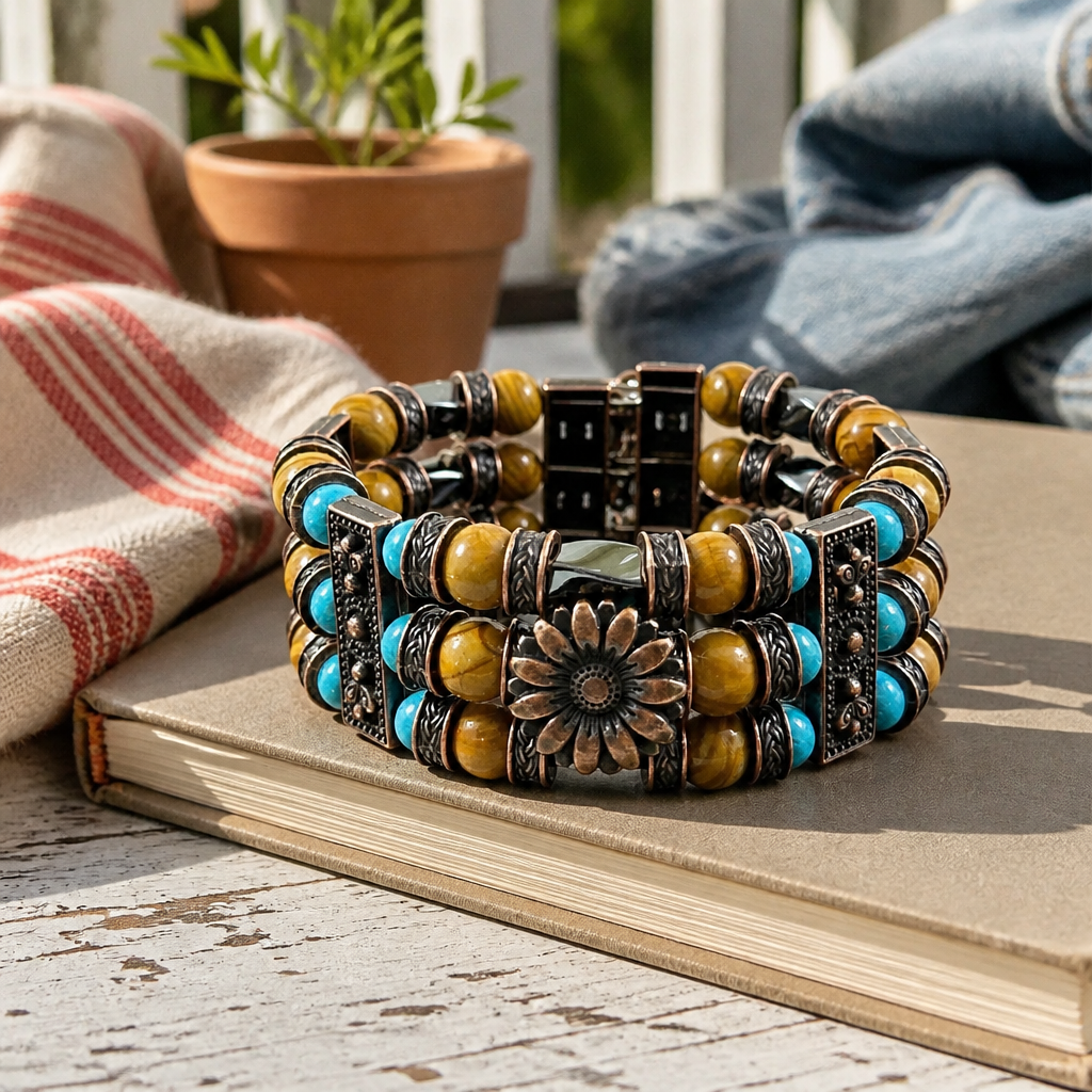 Picture Jasper, Hematite Bracelet | Beaded Cuff Bracelet for Men Women