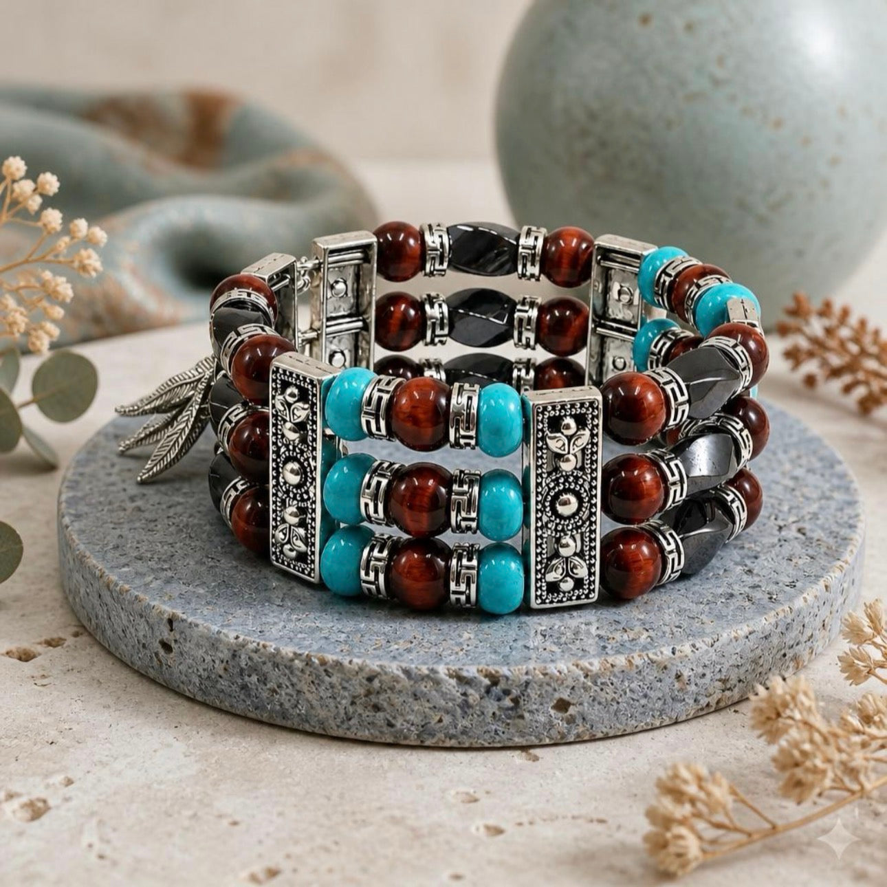 Red Tigers Eye Cuff Bracelet for Men Women | Hematite