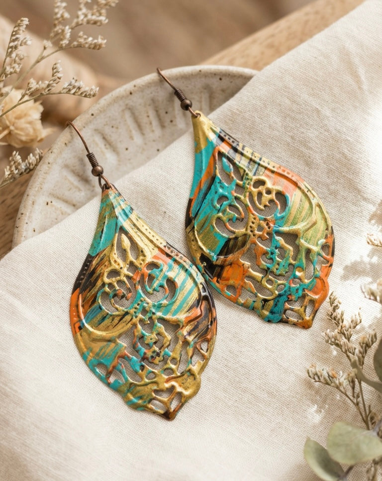 Hand Painted Filigree Dangle Earrings, Boho Artisan Drop Earrings, Multicolor Statement Earrings, Gift for Her
