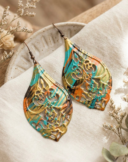 Hand Painted Filigree Dangle Earrings, Boho Artisan Drop Earrings, Multicolor Statement Earrings, Gift for Her