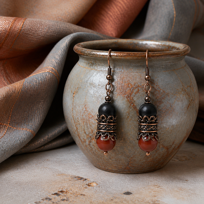 Dangle Earrings for Women, Copper Bohemian Earrings, Hippie Earrings, Red Jasper, Black Onyx
