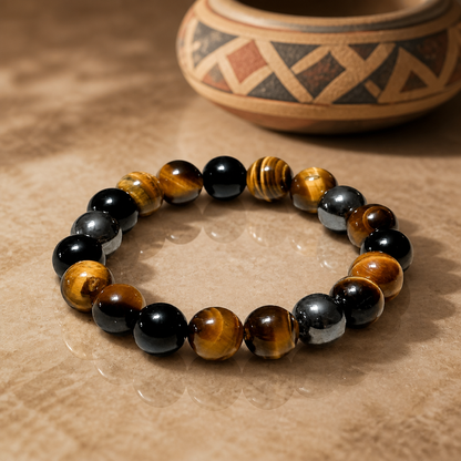 10mm Black Onyx Hematite Triple Protection Bracelet | Tigers Eye Beaded Bracelet