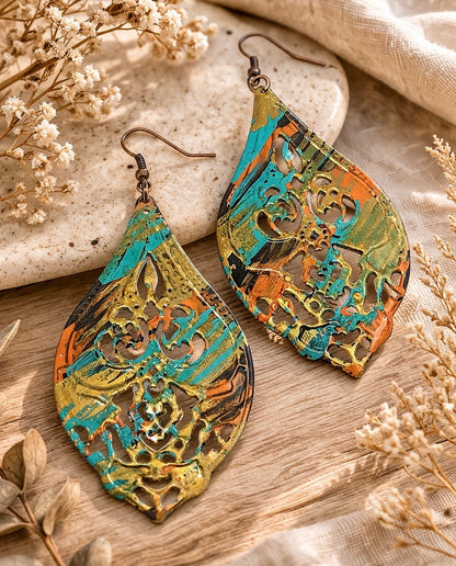 Hand Painted Filigree Dangle Earrings, Boho Artisan Drop Earrings, Multicolor Statement Earrings, Gift for Her