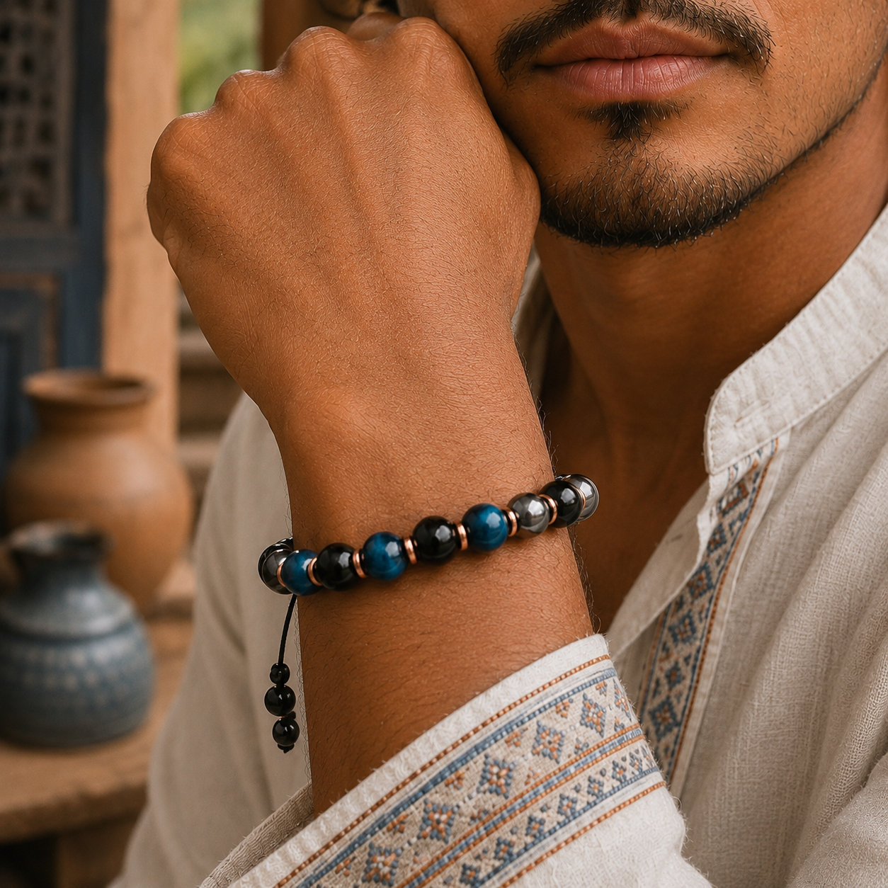 Triple Protection Bracelet, Blue Tigers Eye Hematite Onyx
