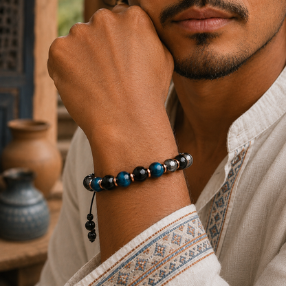 Triple Protection Bracelet, Blue Tigers Eye Hematite Onyx