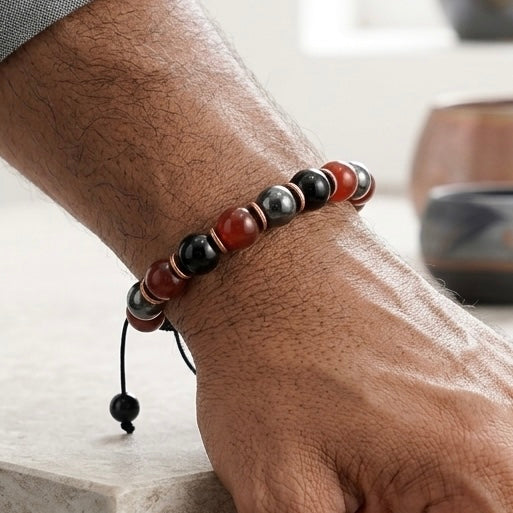 Triple Protection Bracelet, Carnelian Hematite Onyx