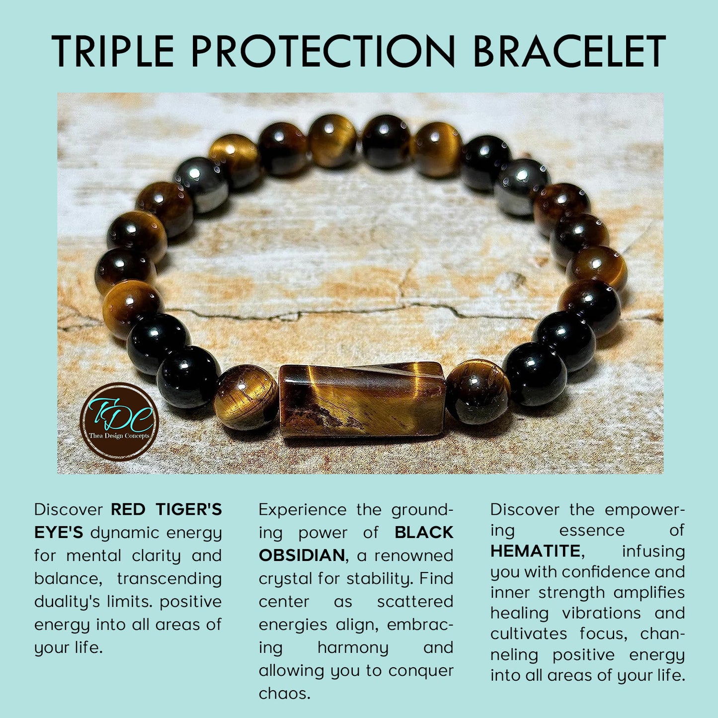Triple Protection Bracelet | Black Obsidian Hematite Tigers Eye Beaded Bracelet
