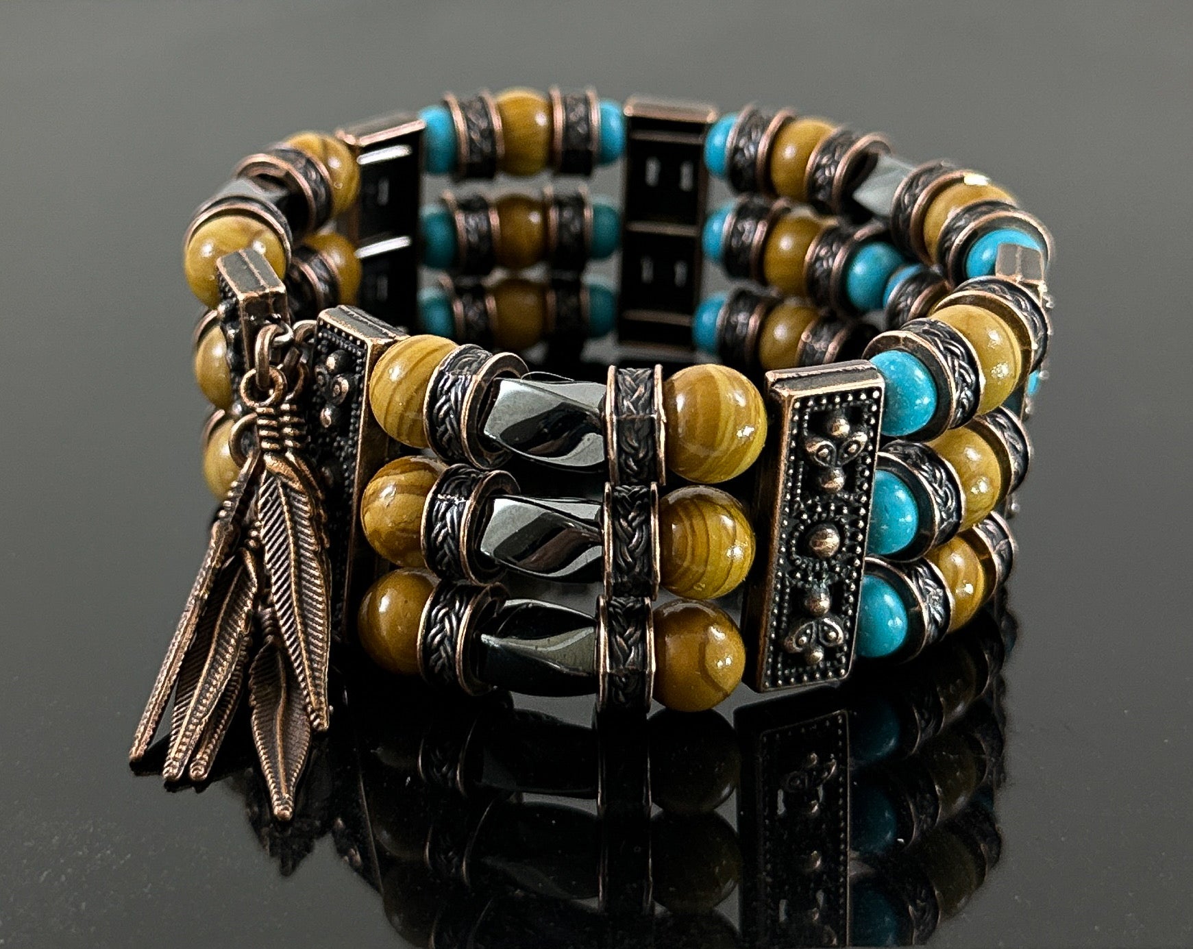 Thea Design Concepts Beaded Cuff Bracelet Men Women, Bohemian, Native American, Wood Grain Jasper, Turquoise beads 4