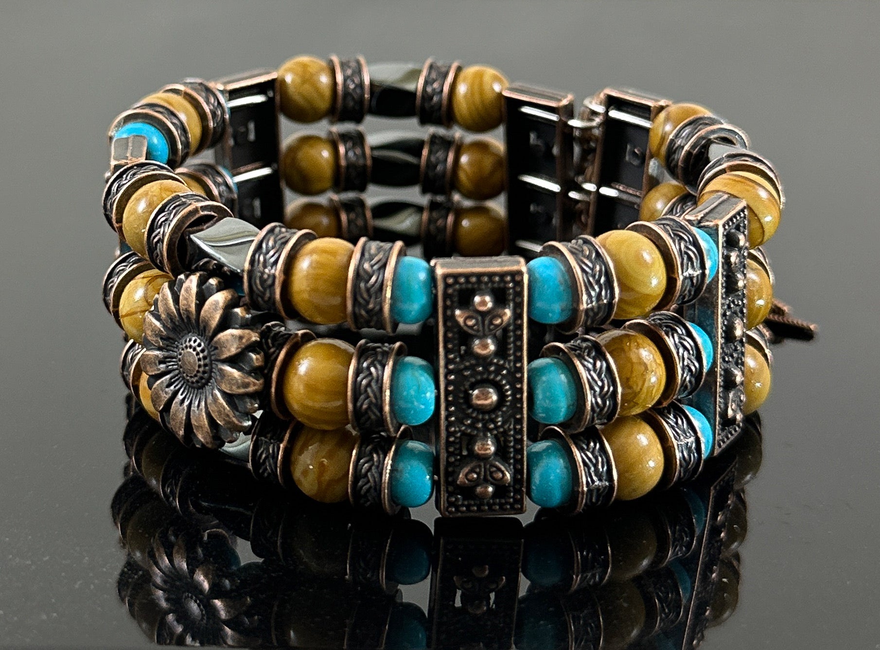 Thea Design Concepts Beaded Cuff Bracelet Men Women, Bohemian, Native American, Wood Grain Jasper, Turquoise beads