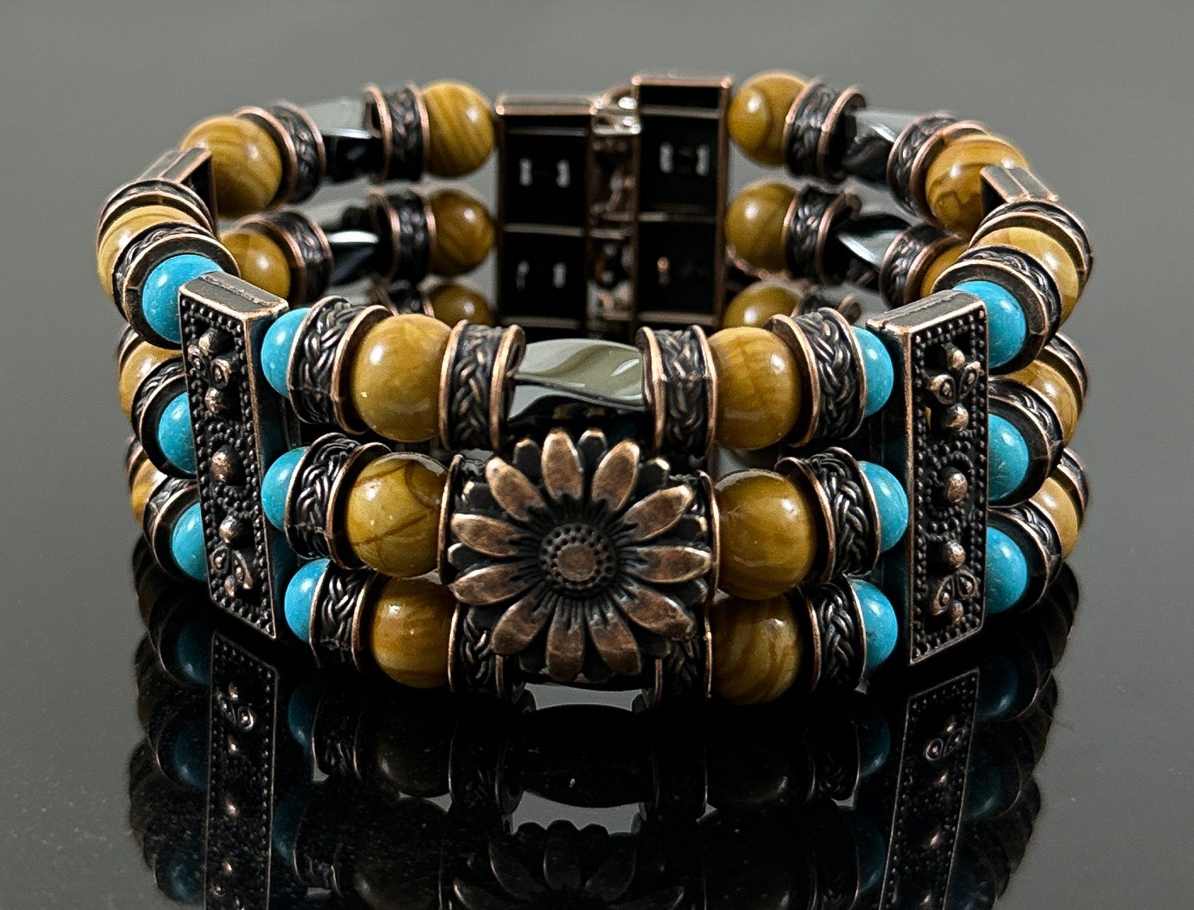 Thea Design Concepts Beaded Cuff Bracelet Men Women, Bohemian, Native American, Wood Grain Jasper, Turquoise beads 5