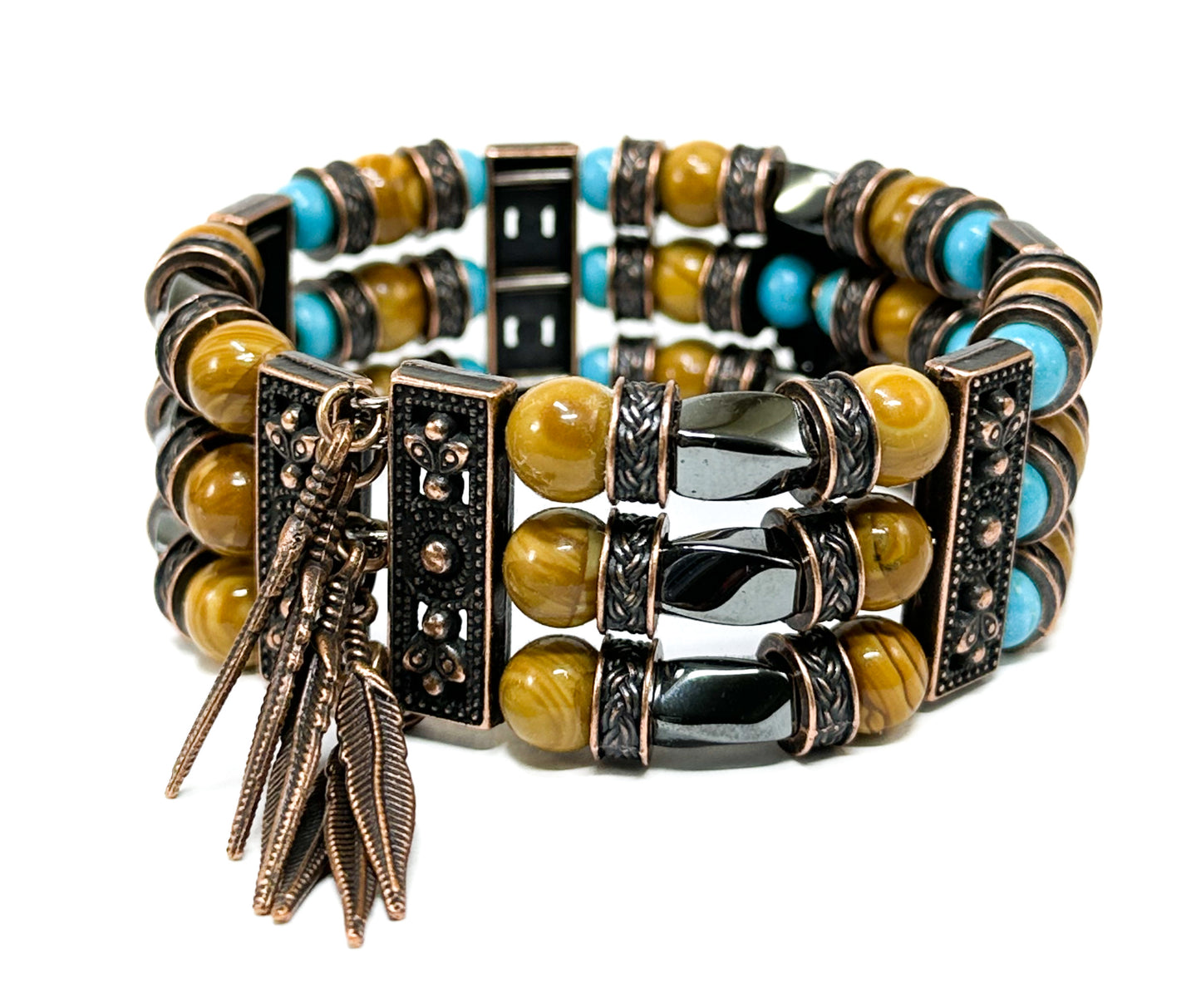 Thea Design Concepts Beaded Cuff Bracelet Men Women, Bohemian, Native American, Wood Grain Jasper, Turquoise beads 6