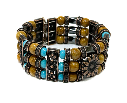 Thea Design Concepts Beaded Cuff Bracelet Men Women, Bohemian, Native American, Wood Grain Jasper, Turquoise beads 3