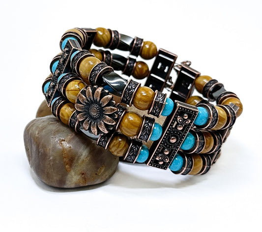 Thea Design Concepts Beaded Cuff Bracelet Men Women, Bohemian, Native American, Wood Grain Jasper, Turquoise, Copper-tone