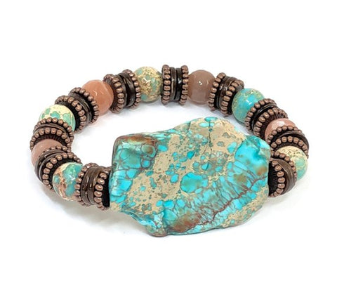 Gemstone Beaded Bracelet, Stretch Bracelet, Sea Sediment, Sun Stone