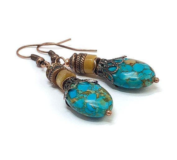 Hippie Earrings, Bohemian Earrings, Turquoise Dangle Earrings, Gifts for Mom