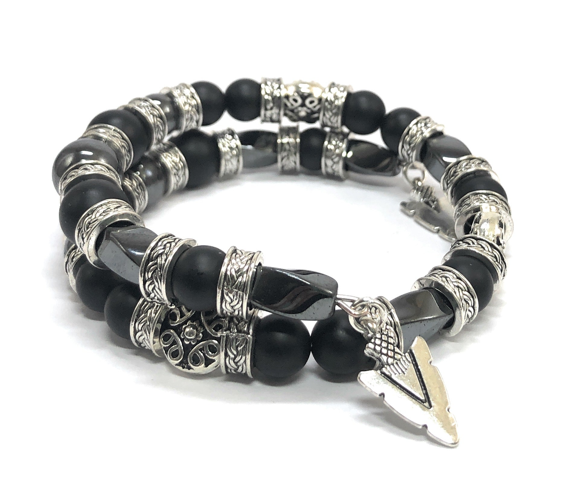 Black Onyx Bracelet, Beaded Jewelry for Men, Black & Silver, Arrowhead Bracelet