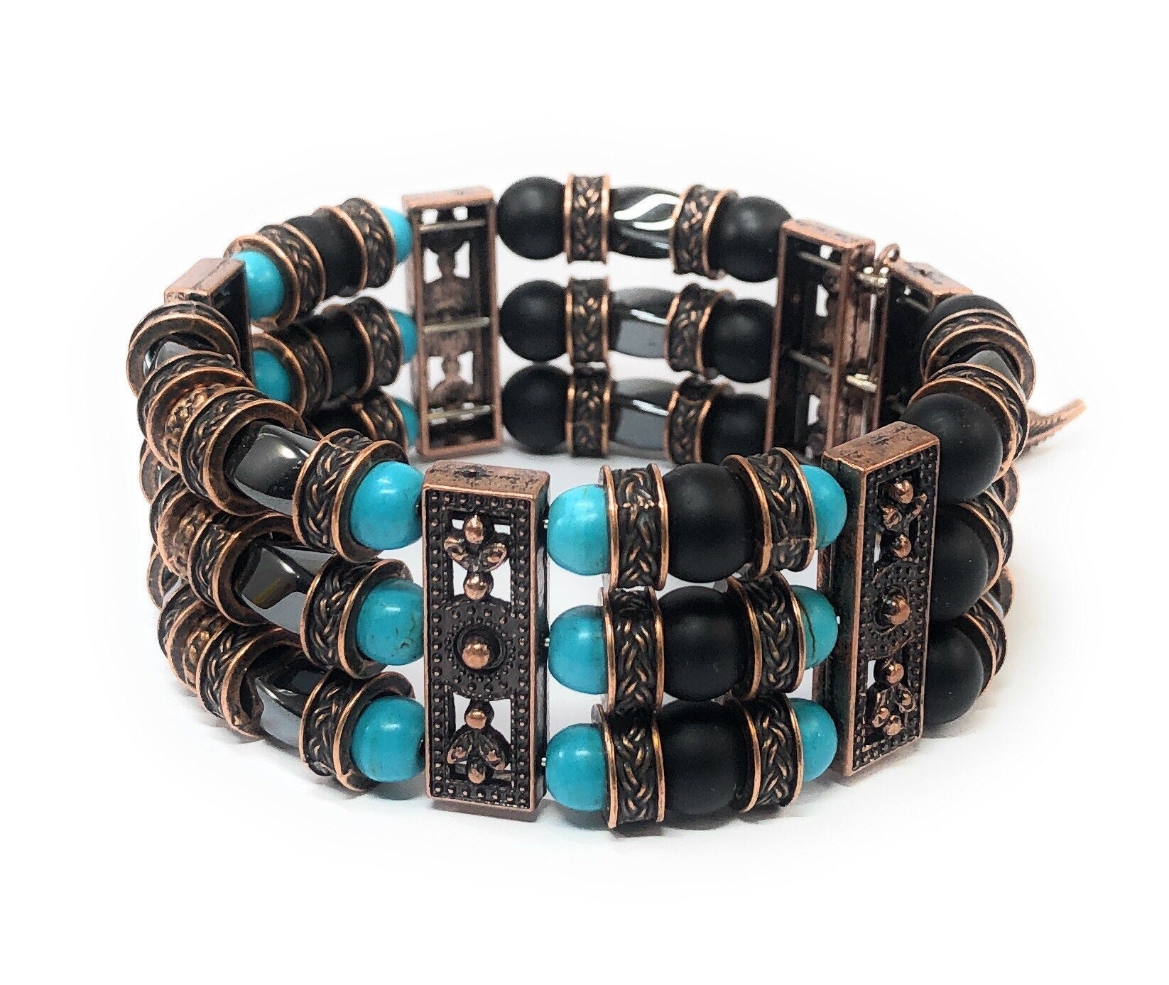 Thea Design Concepts Southwestern Beaded Cuff Bracelet, Men & Women, Hematite, blue magnesite, turquoise, matte black onyx 6