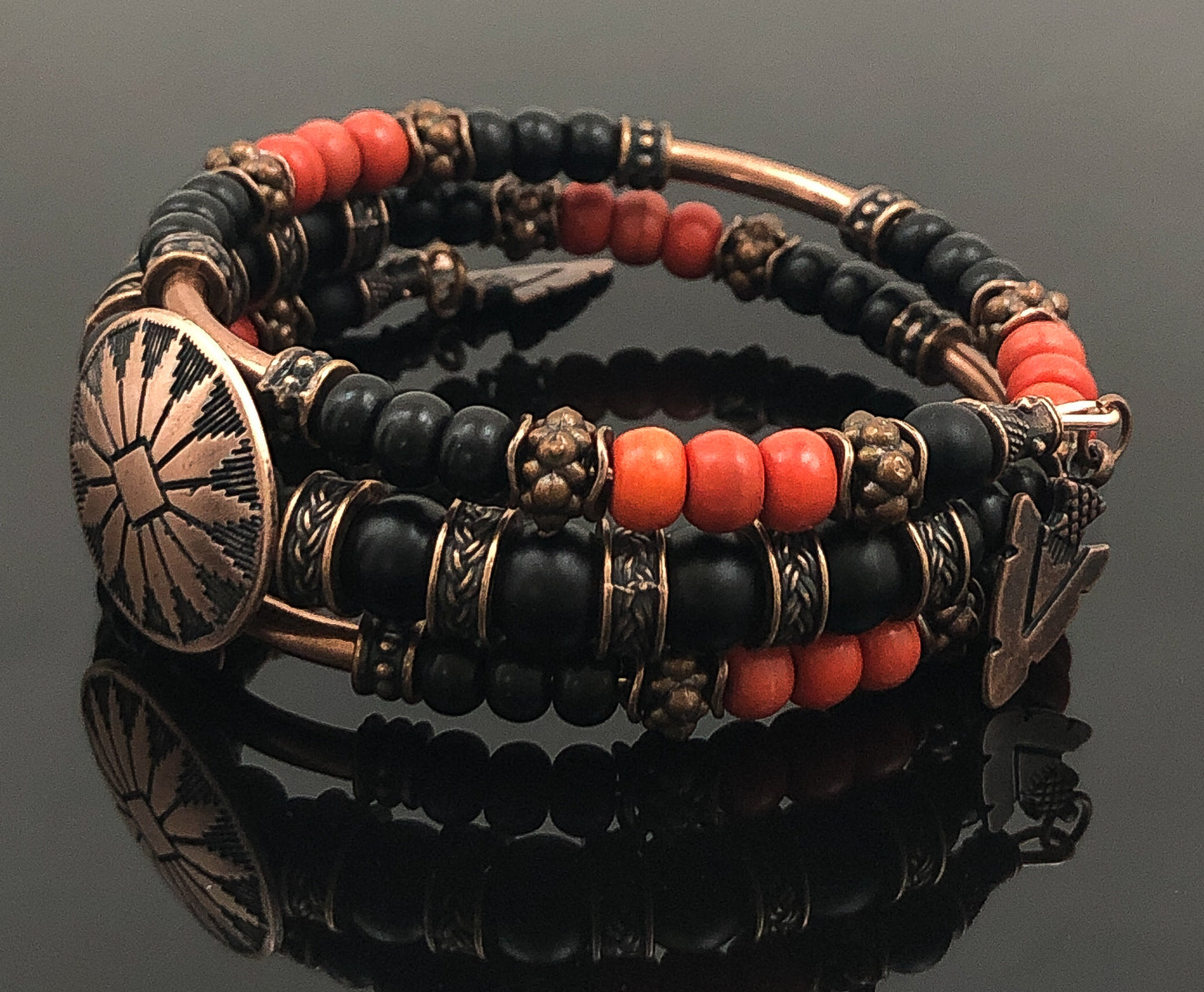 Thea Design Concepts Autumn and Fall Orange and Black Turquoise and Howlite Bracelet for Women Men - arrow charm