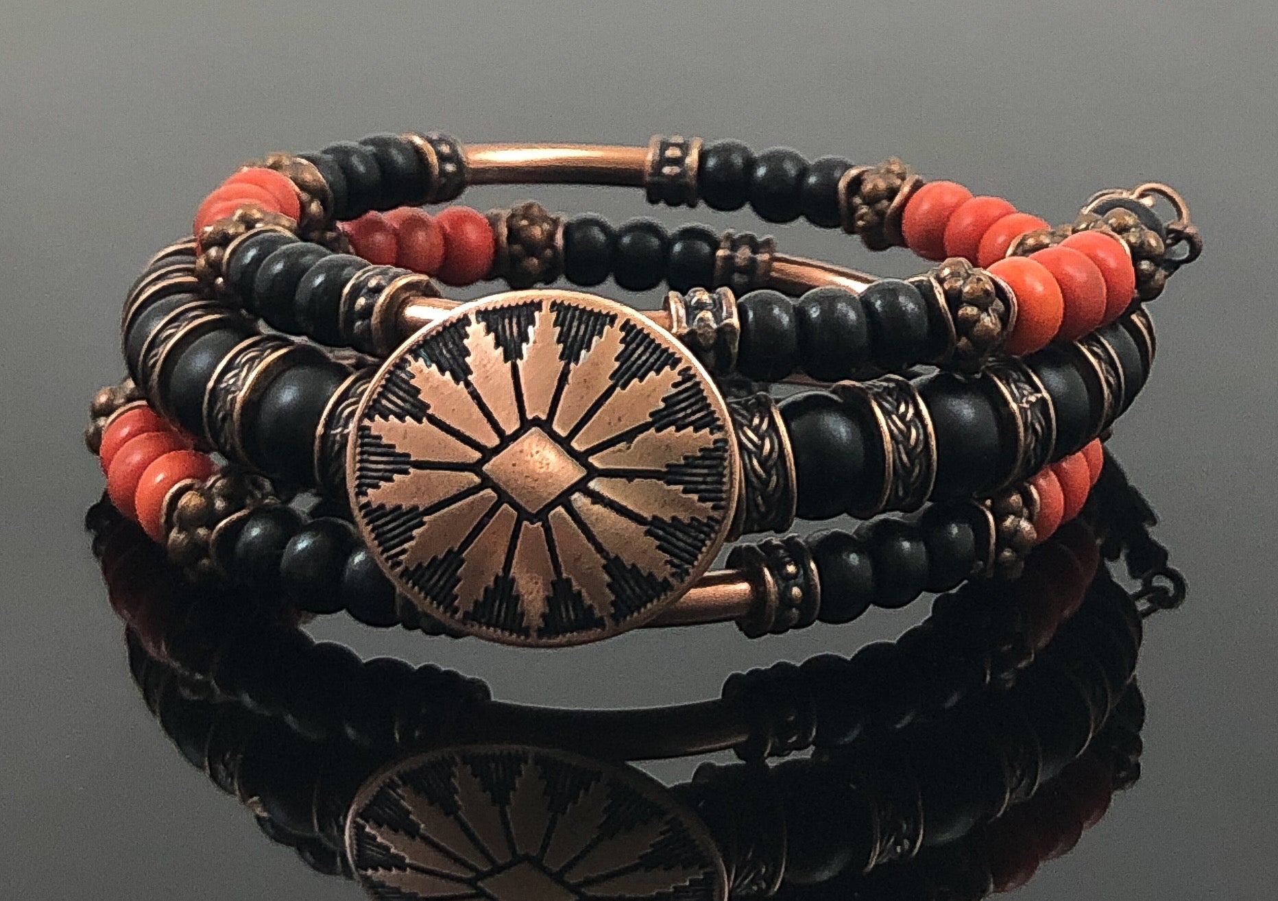 Thea Design Concepts Autumn and Fall Orange and Black Turquoise and Howlite Bracelet for Women Men. gray  background