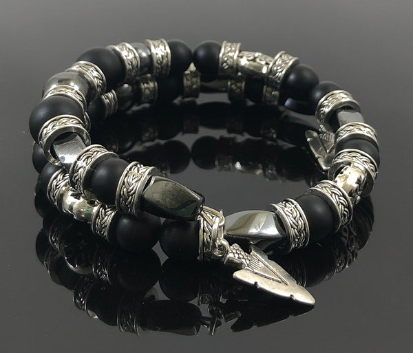 Black Onyx Bracelet, Beaded Jewelry for Men, Black & Silver, Arrowhead Bracelet