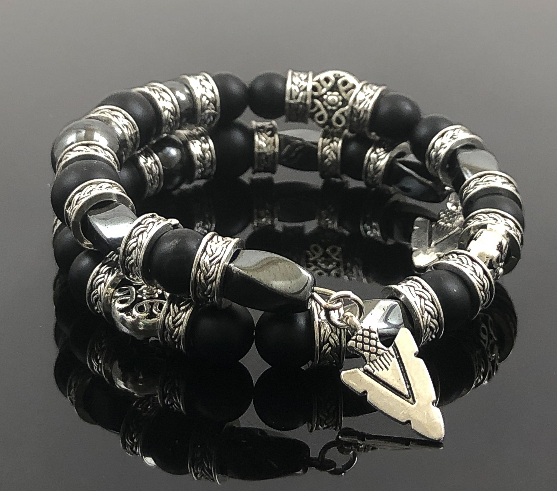 Onyx Beaded Bracelet, Men's Silver Designer Bead Jewelry
