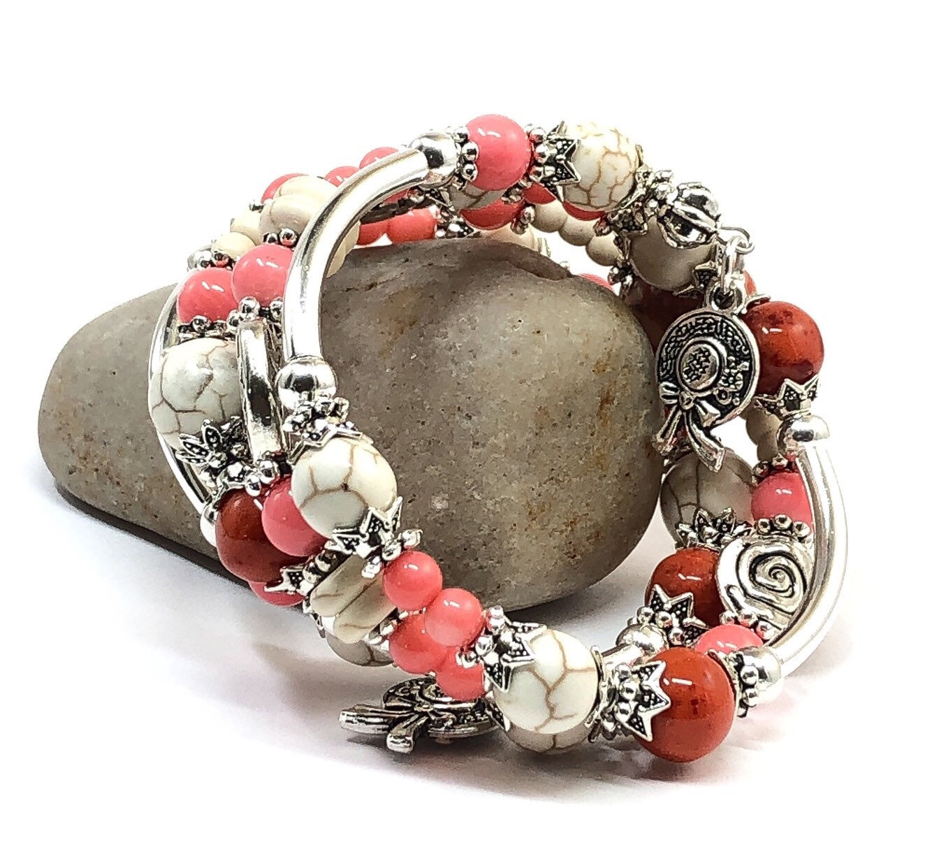 Gemstone Bracelet, Pink Coral Bracelet, Memory Wire Bracelet, Anniversary Gift