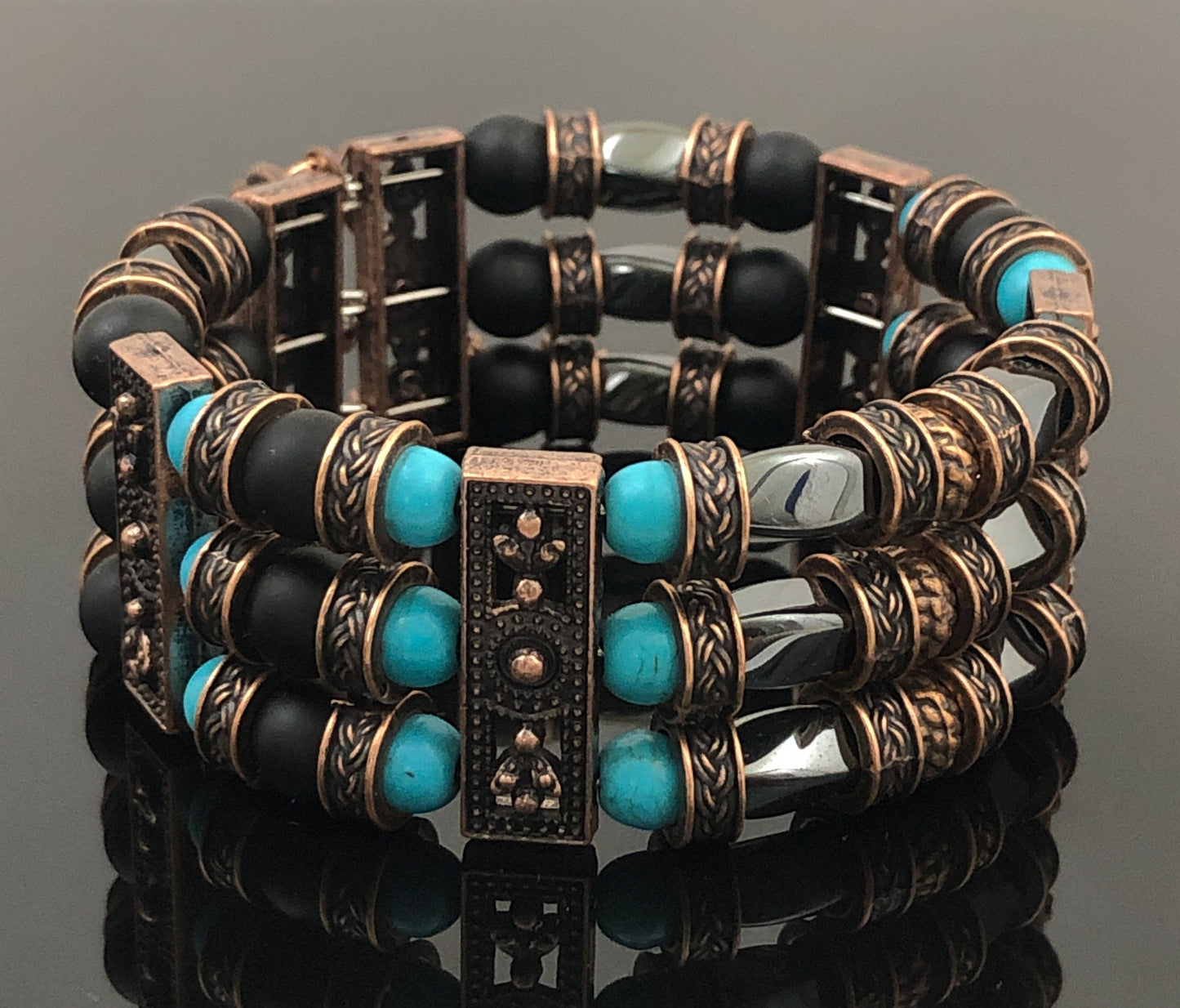 Thea Design Concepts Southwestern Beaded Cuff Bracelet, Men & Women, Hematite, blue magnesite, turquoise, matte black onyx 3