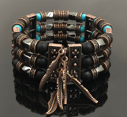 Thea Design Concepts Southwestern Beaded Cuff Bracelet, Men & Women, Hematite, blue magnesite, turquoise, matte black onyx 7