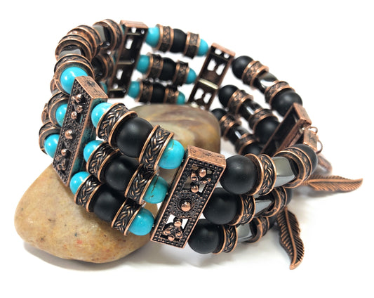Thea Design Concepts Southwestern Beaded Cuff Bracelet, Men & Women, Hematite, blue magnesite, turquoise, matte black onyx