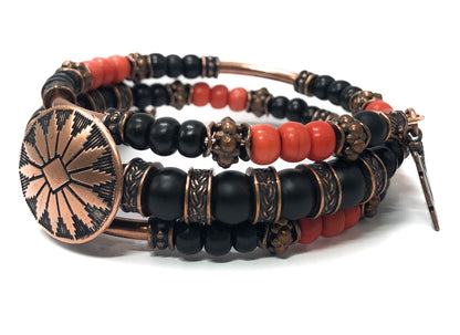 Thea Design Concepts Autumn and Fall Orange and Black Turquoise and Howlite Bracelet for Women Men. 