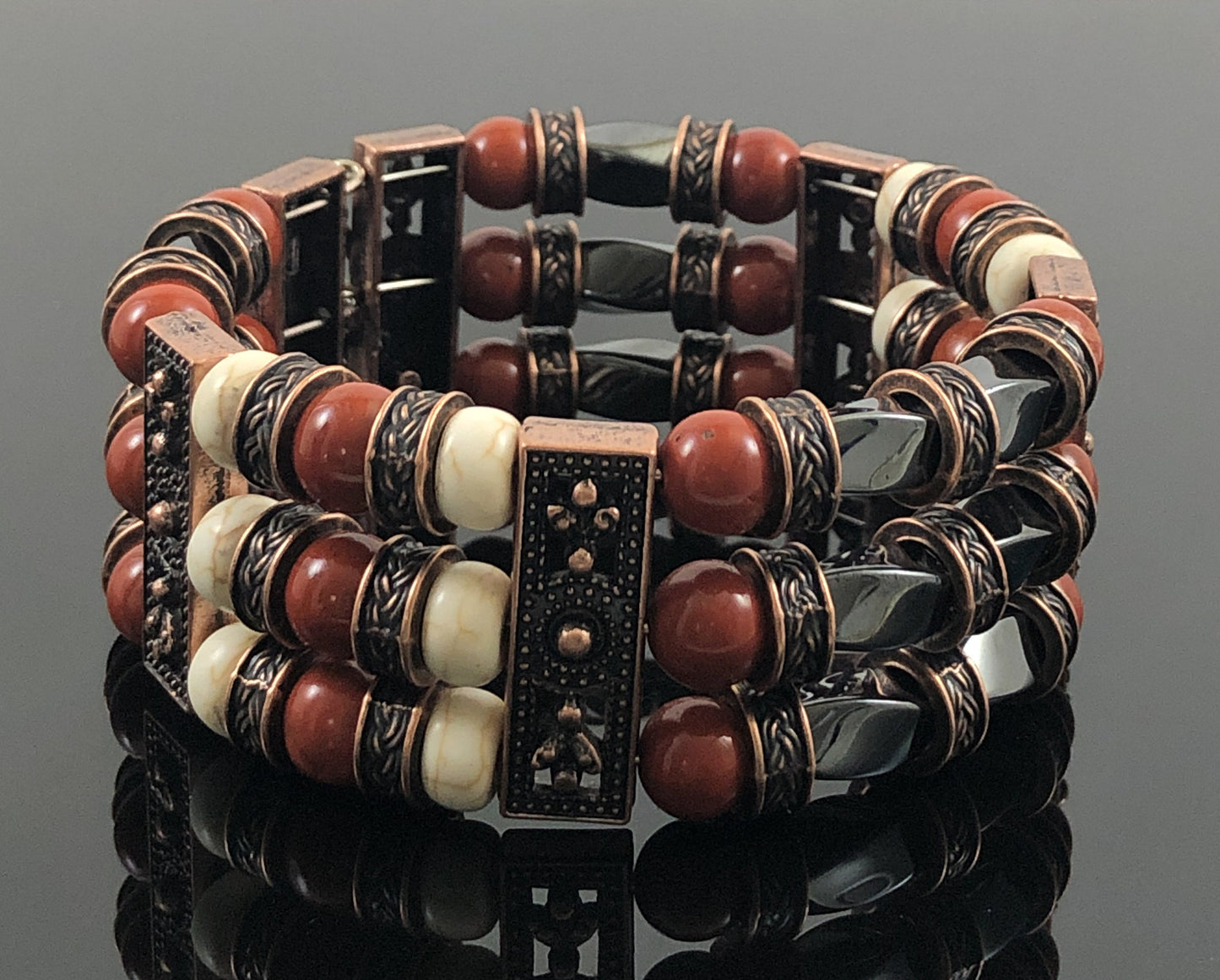 Copper Cuff Bracelets for Men Women, Red Jasper and Hematite