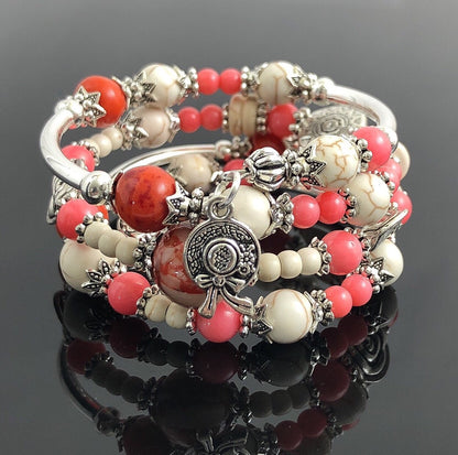 Gemstone Bracelet, Pink Coral Bracelet, Memory Wire Bracelet, Anniversary Gift