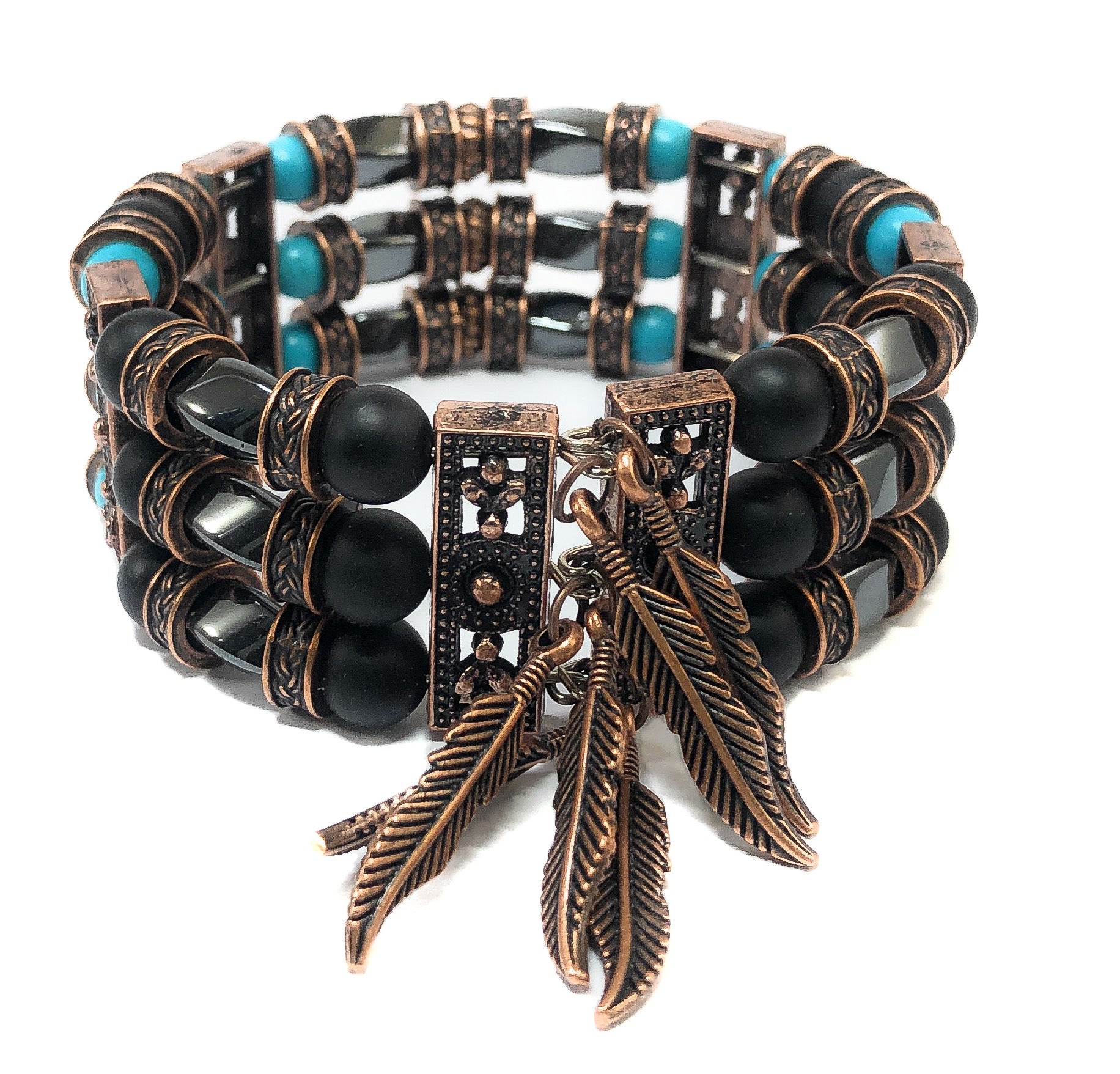 Thea Design Concepts Southwestern Beaded Cuff Bracelet, Men & Women, Hematite, blue magnesite, turquoise, matte black onyx 4