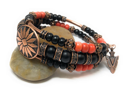 Thea Design Concepts Autumn and Fall Orange and Black Turquoise and Howlite Bracelet for Women Men - side view